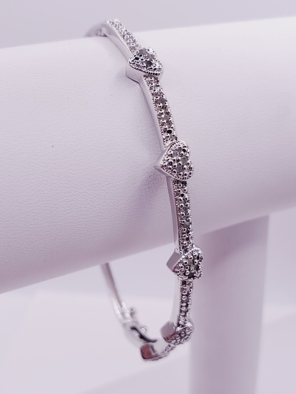 Genuine Diamond Accent Multi Heart Bangle Bracelet - 925 Sterling Silver